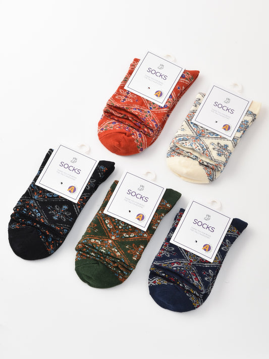 Rufia - Retro Mid-calf Socks with Diamond Floral Patterns
