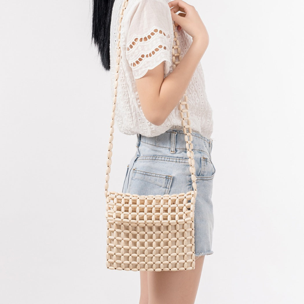 Cosbai - Wooden Bead Woven Crossbody Bag - Stylish & Classic