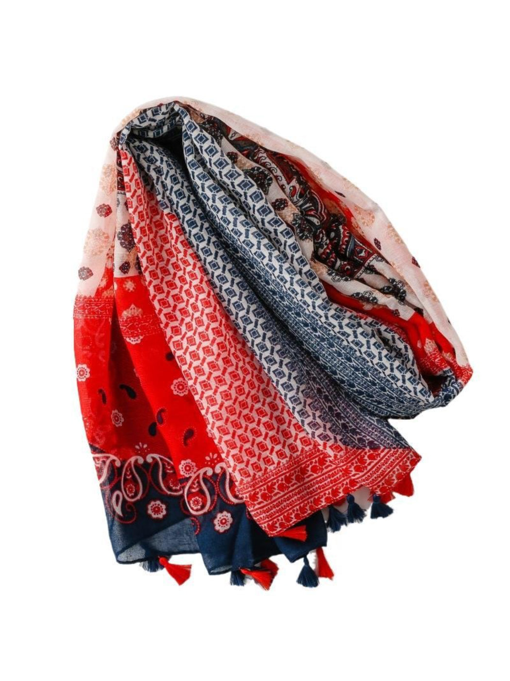 Scarvii red wrap scarf laid flat displaying symmetrical boho border print