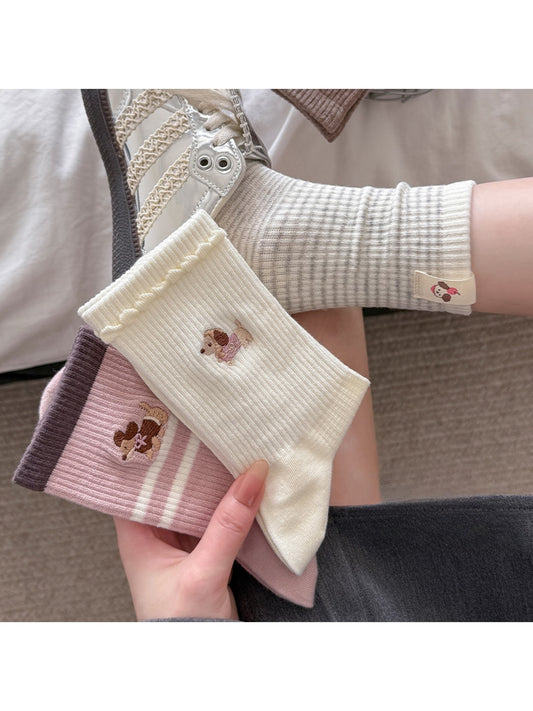 Rufia - Cute Dog Pattern Striped Crew Socks