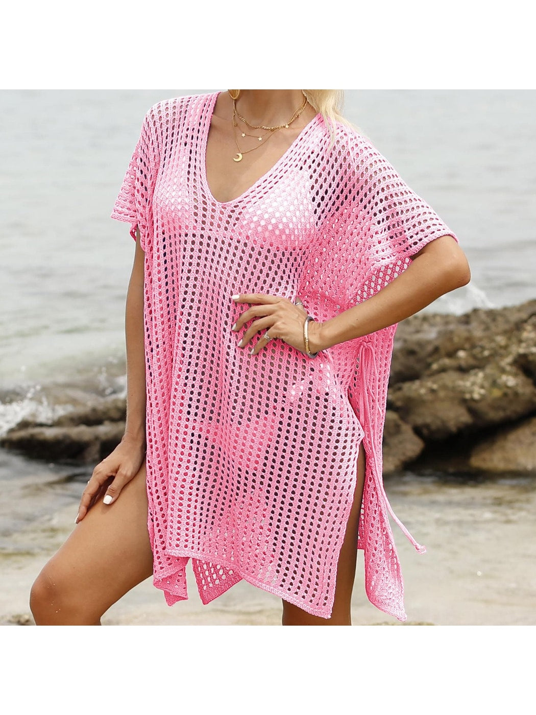 Crosa - Hollow-Out Solid Color Loose Beach Cover Up Dress