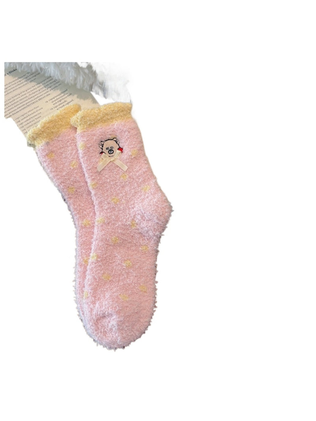 Rufia - Embroidered Cartoon Face & Ribbon Bow Crew Socks