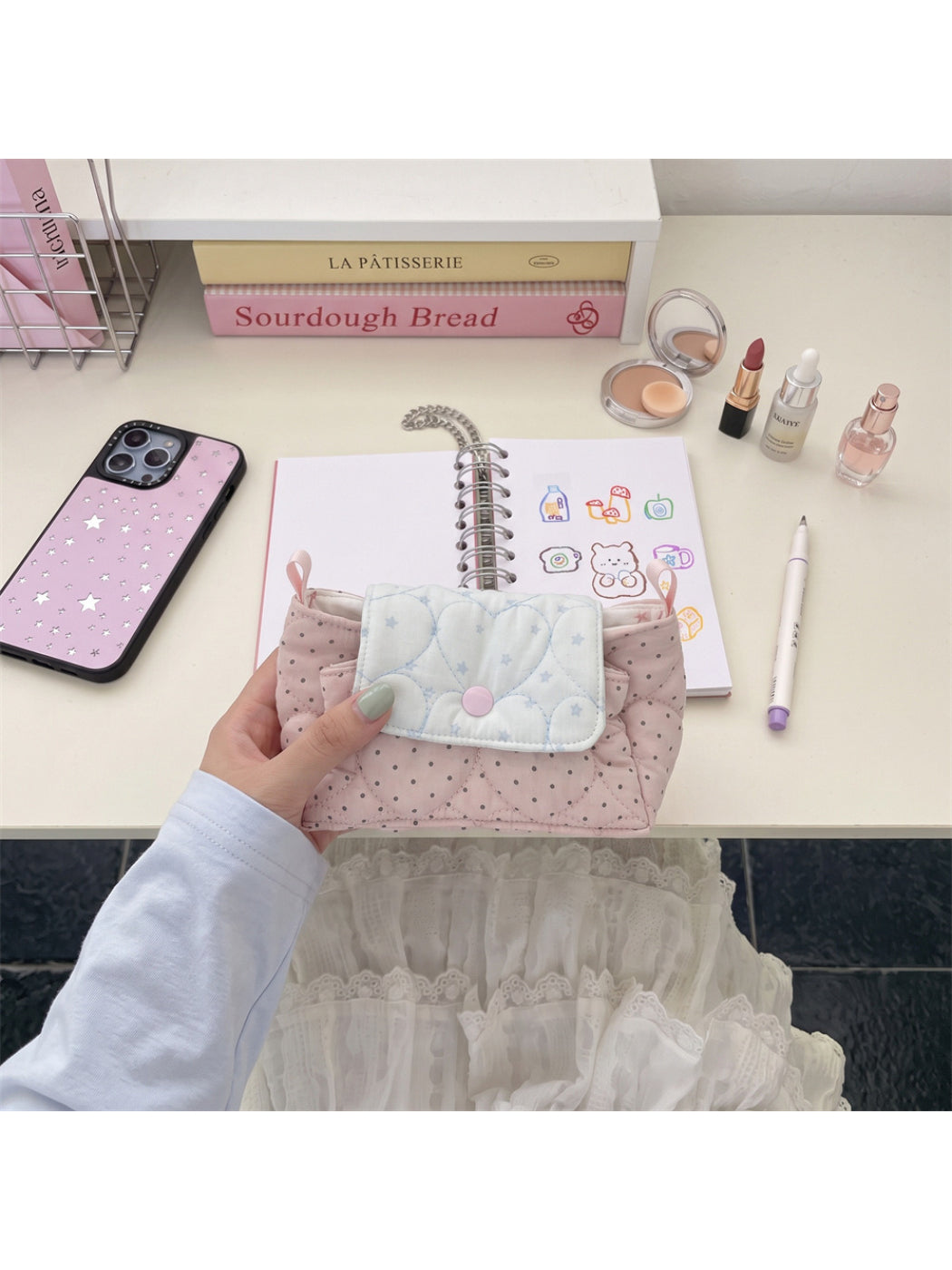 Cosbai - Quilted Dot and Star Snap Flap Pouch