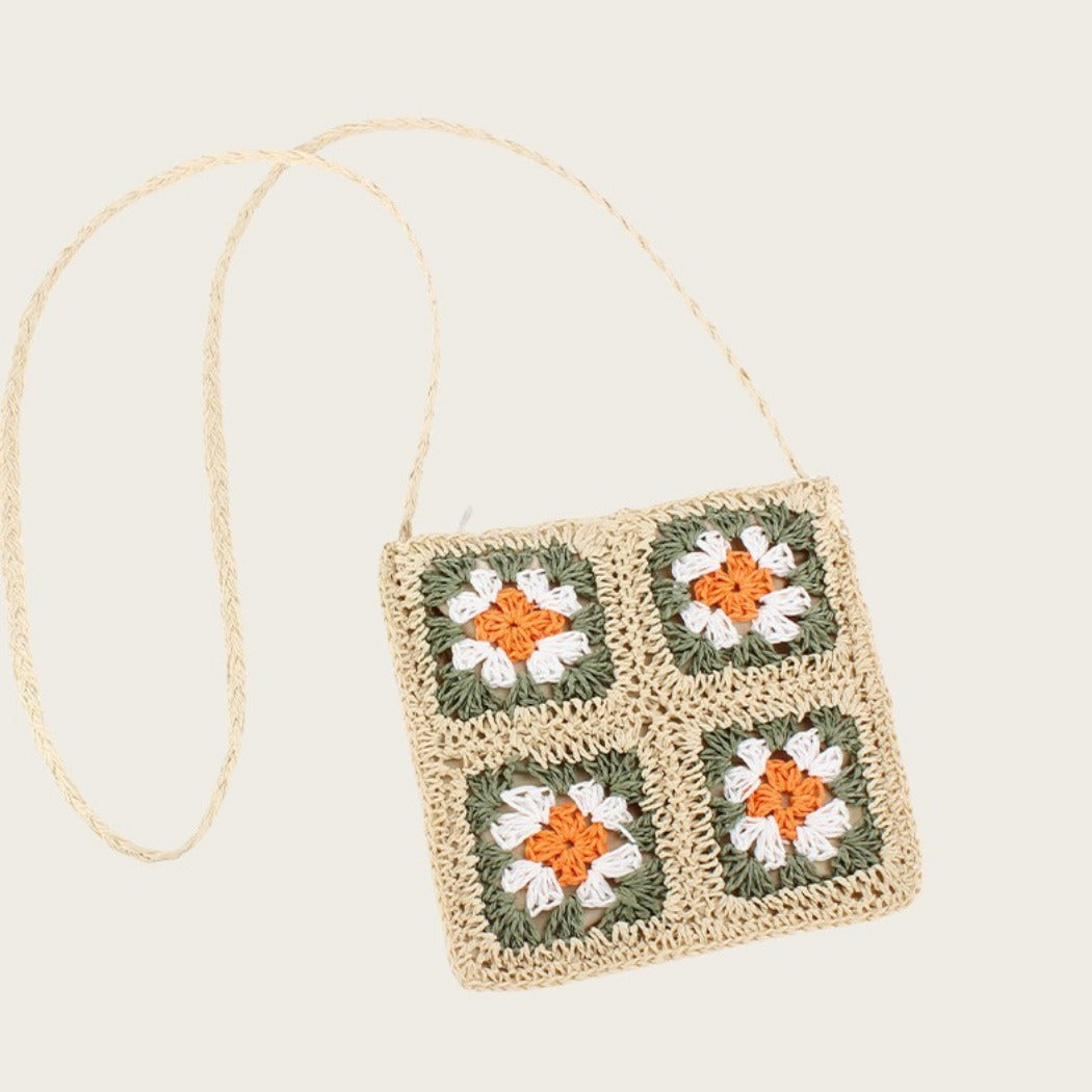 Cosbai - Boho Woven Flower Crossbody Bag With Zipper
