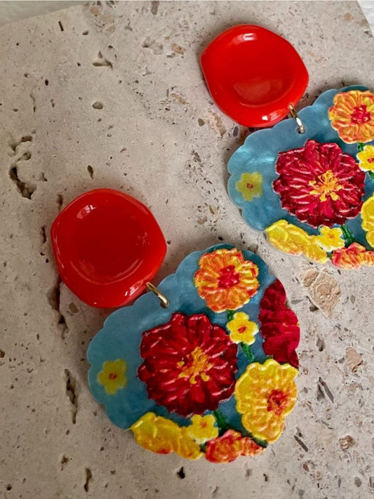 Earwish - Vintage Orange and Red Flower Earrings