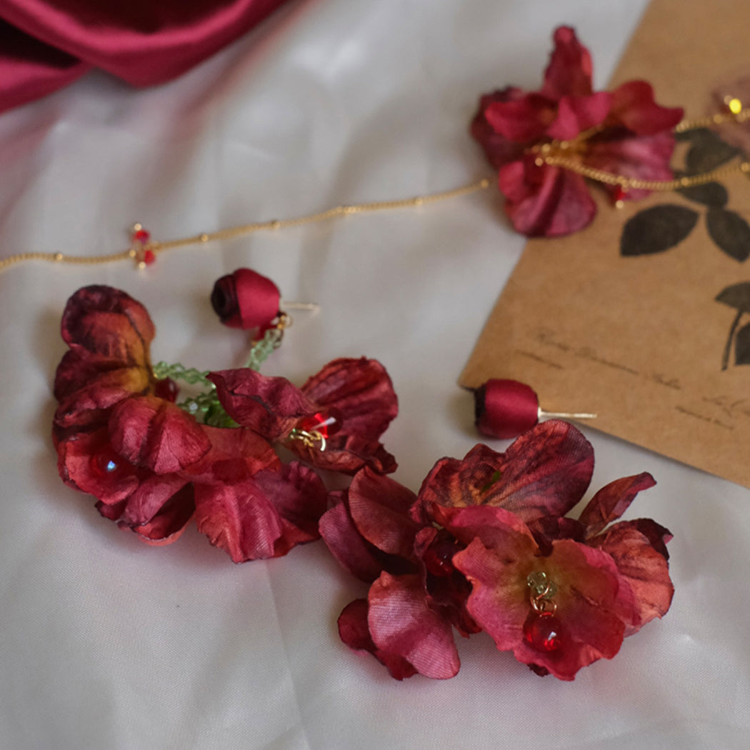 Red Sheer Floral Tassel Earrings