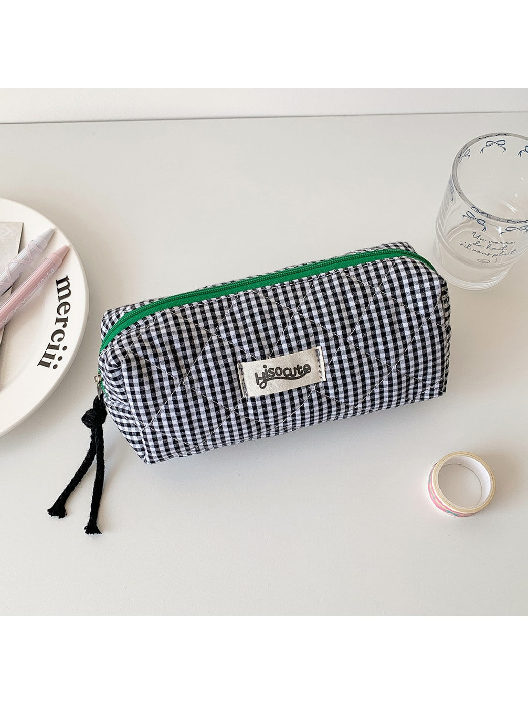 Cosbai - Checkered Zipper Makeup Organizer Bag