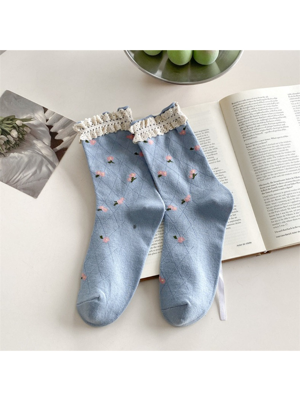 Rufia - Lace Trim Floral Crew Socks