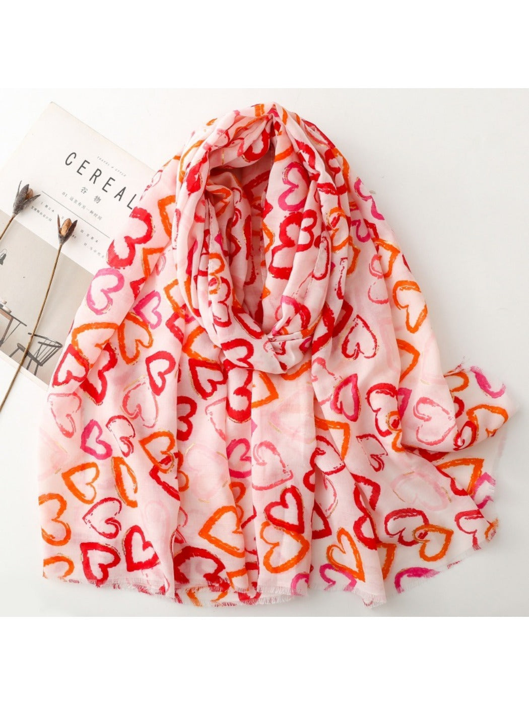 Scarvii - Elegant Heart Print Long Scarf - Thin & Playful