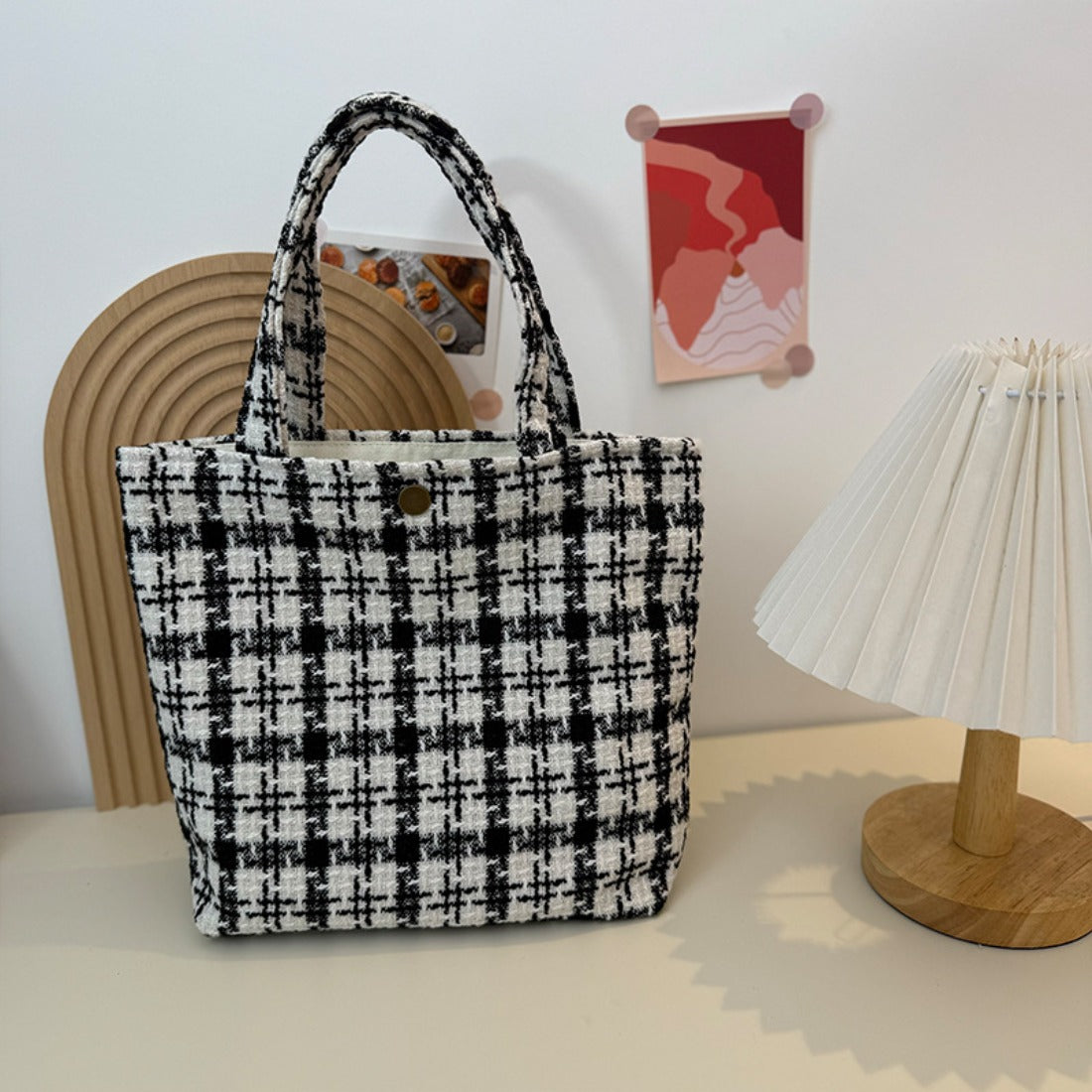 Cosbai - Minimalist Black & White Checkered Tote Bag