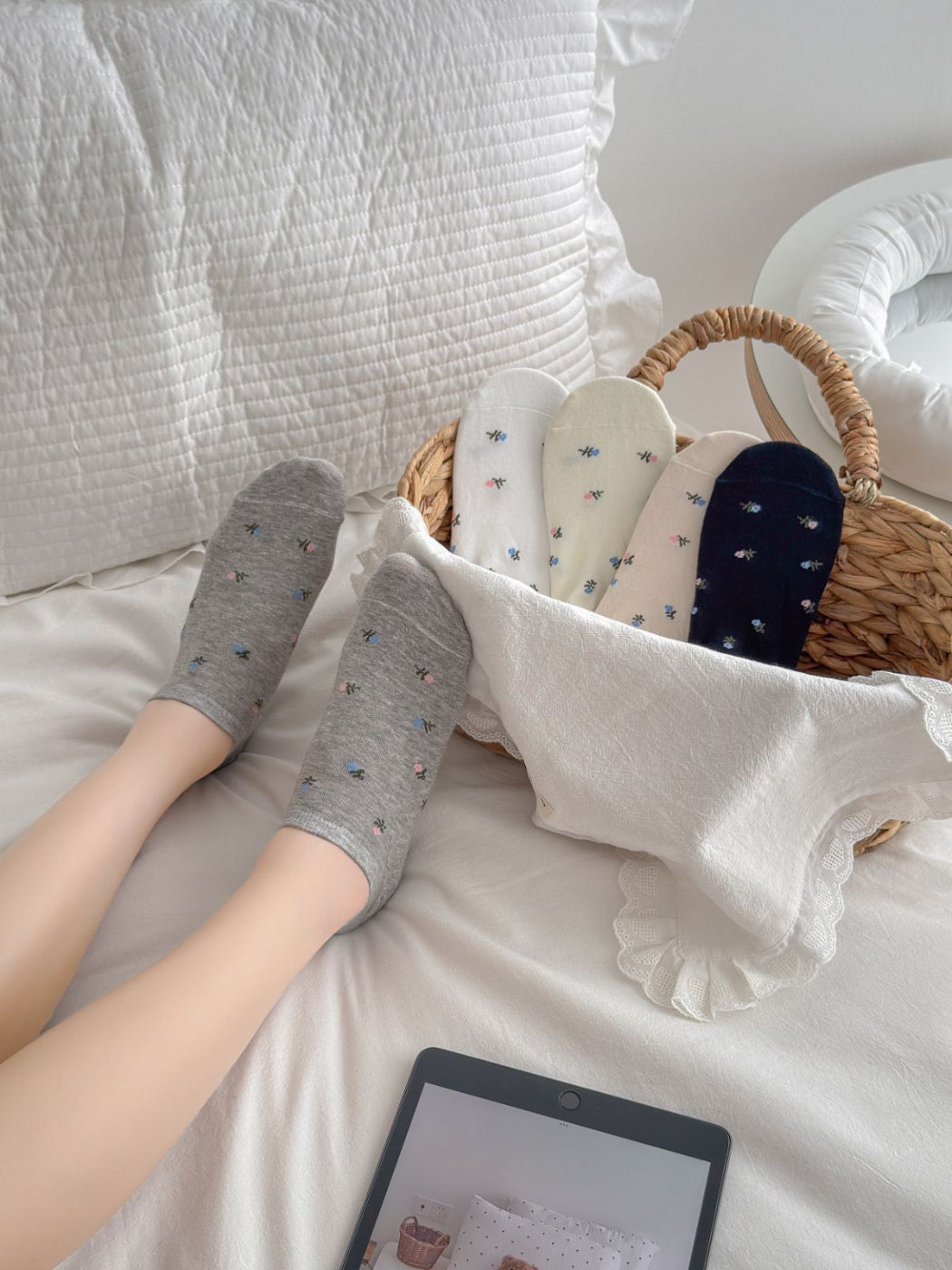 Close-up of Rufia Everyday Bloom no show socks heel and toe area with floral print