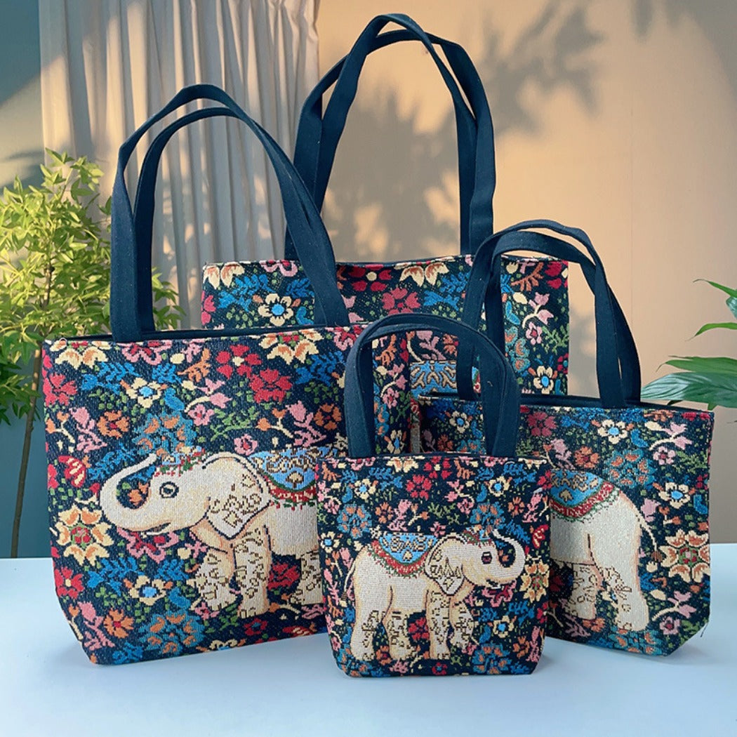Cosbai - Blue Floral Elephant Tote Bag - Practical & Durable