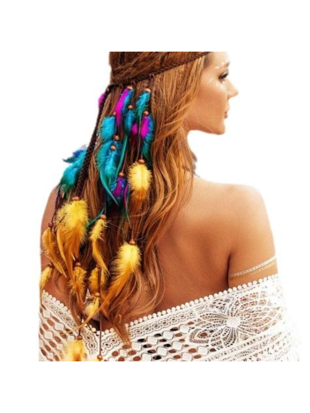 Colorful feather hair accessory from Hairish with a boho style and vivid feather arrangement