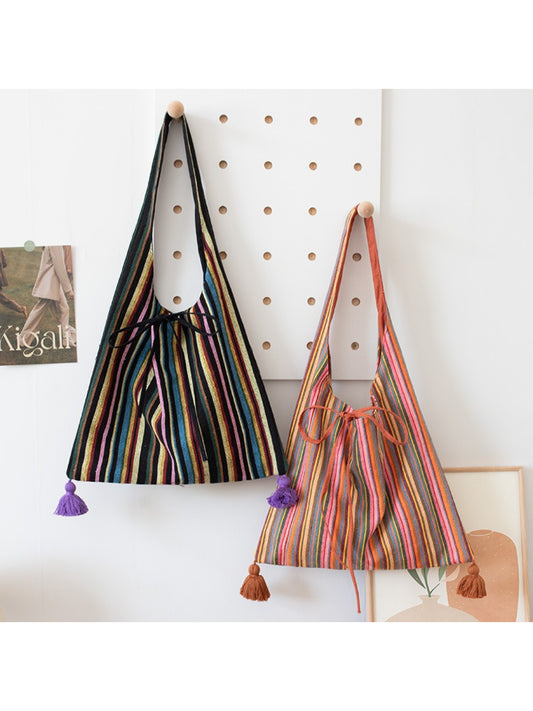 Cosbai – Boho Striped Tassel Tote