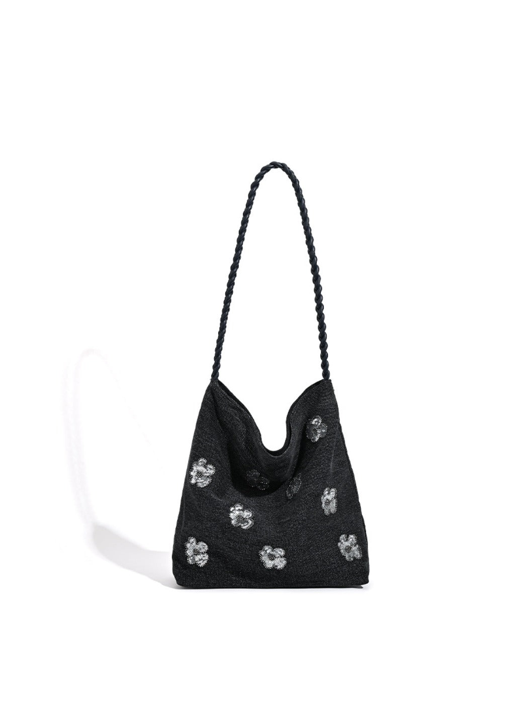 Cosbai - Black Single-shoulder Denim Bag with Sequin Decorations