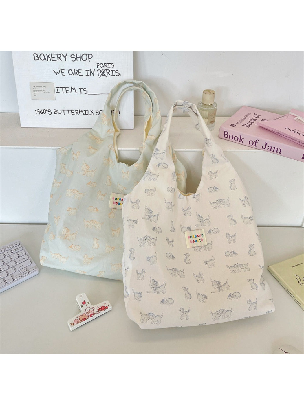 Interior view of Cosbai Sketch Cat Slouch Tote Bag showing spacious