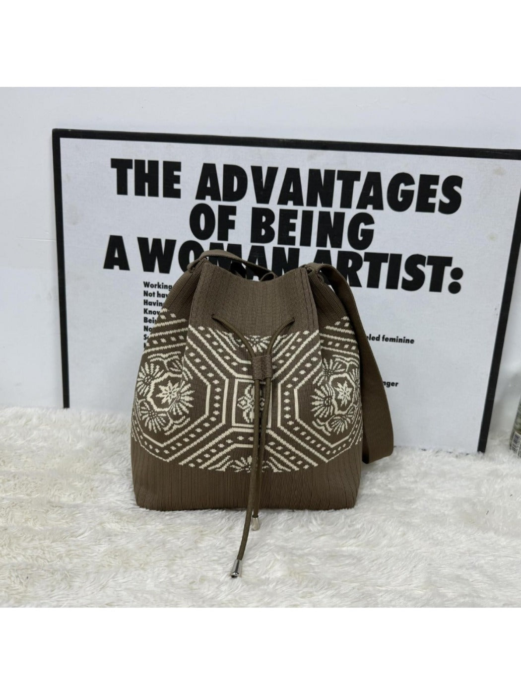 Cosbai - Knitted Shoulder Bag with Retro Style Featuring Drawstrings