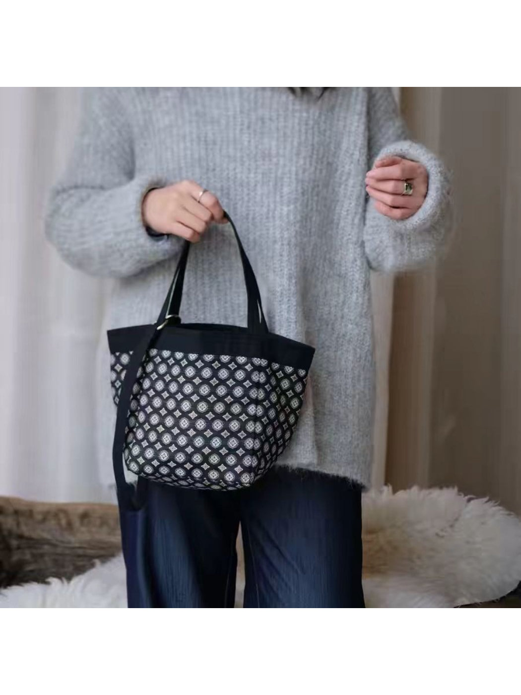 Cosbai black tile pattern tote bag standing upright with clear tile design