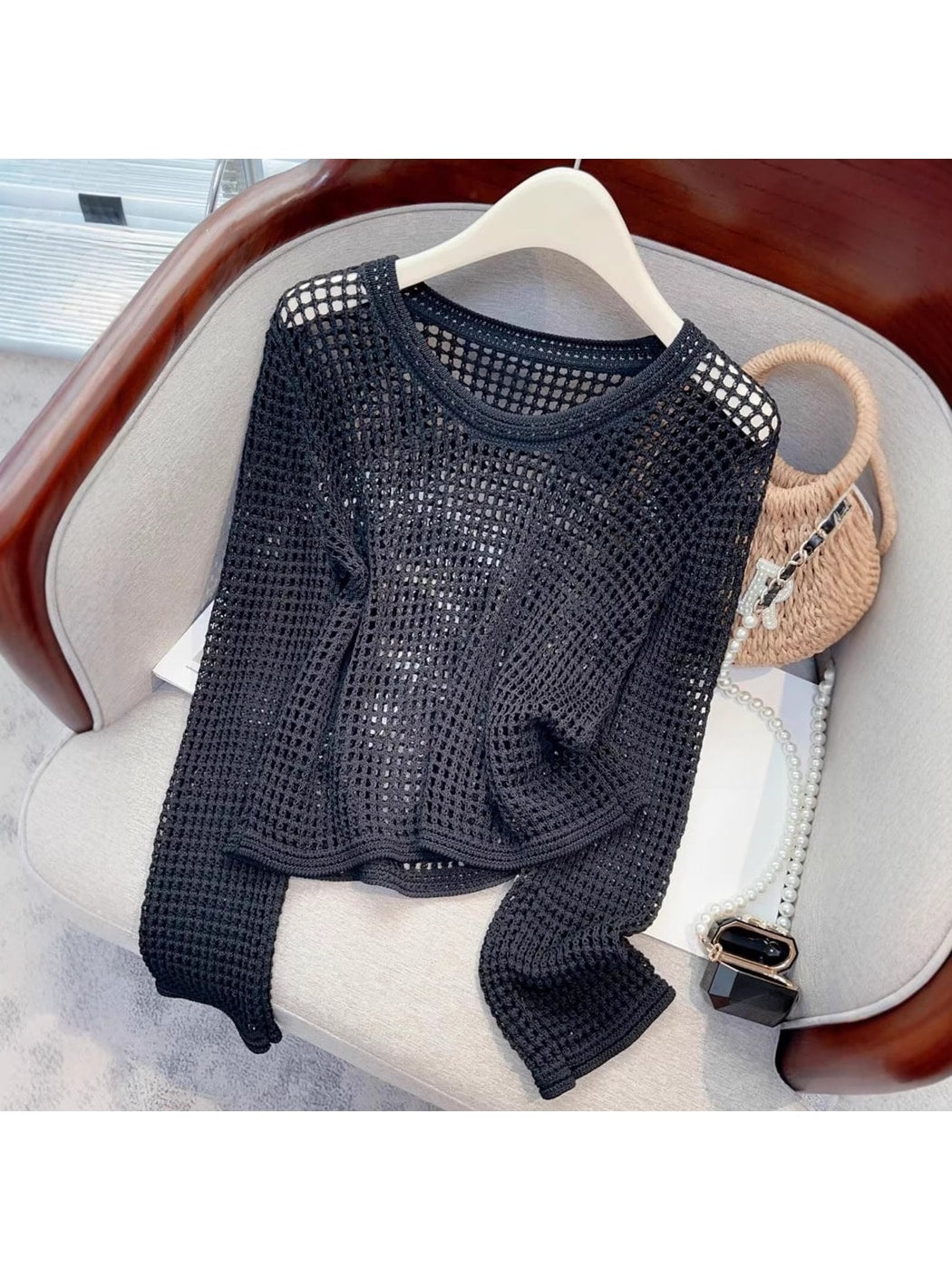 Crosa - Loose Fit Openwork Long Sleeve Pullover Top