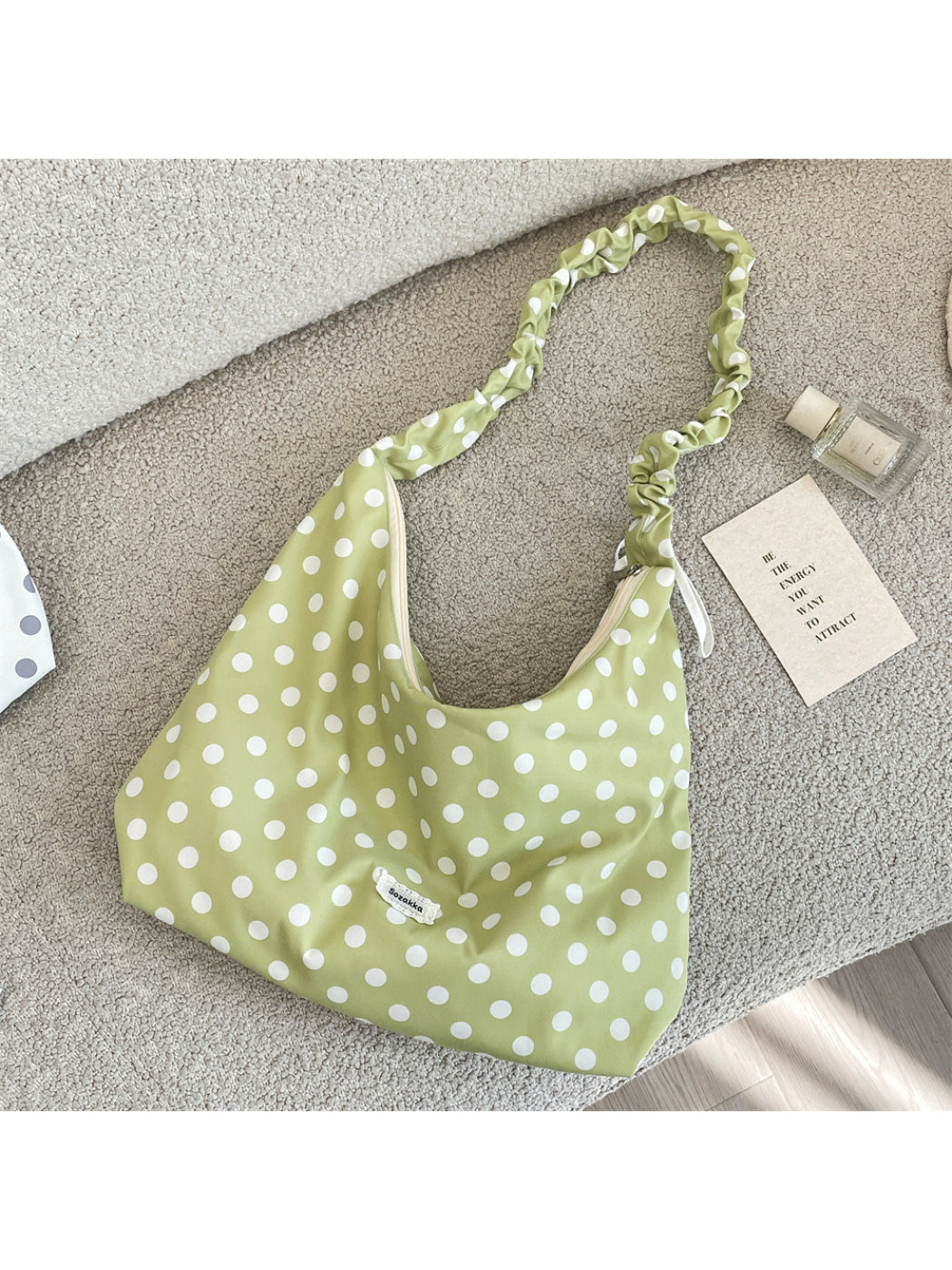 Cosbai - Polka Dot Ruched Strap Hobo Bag