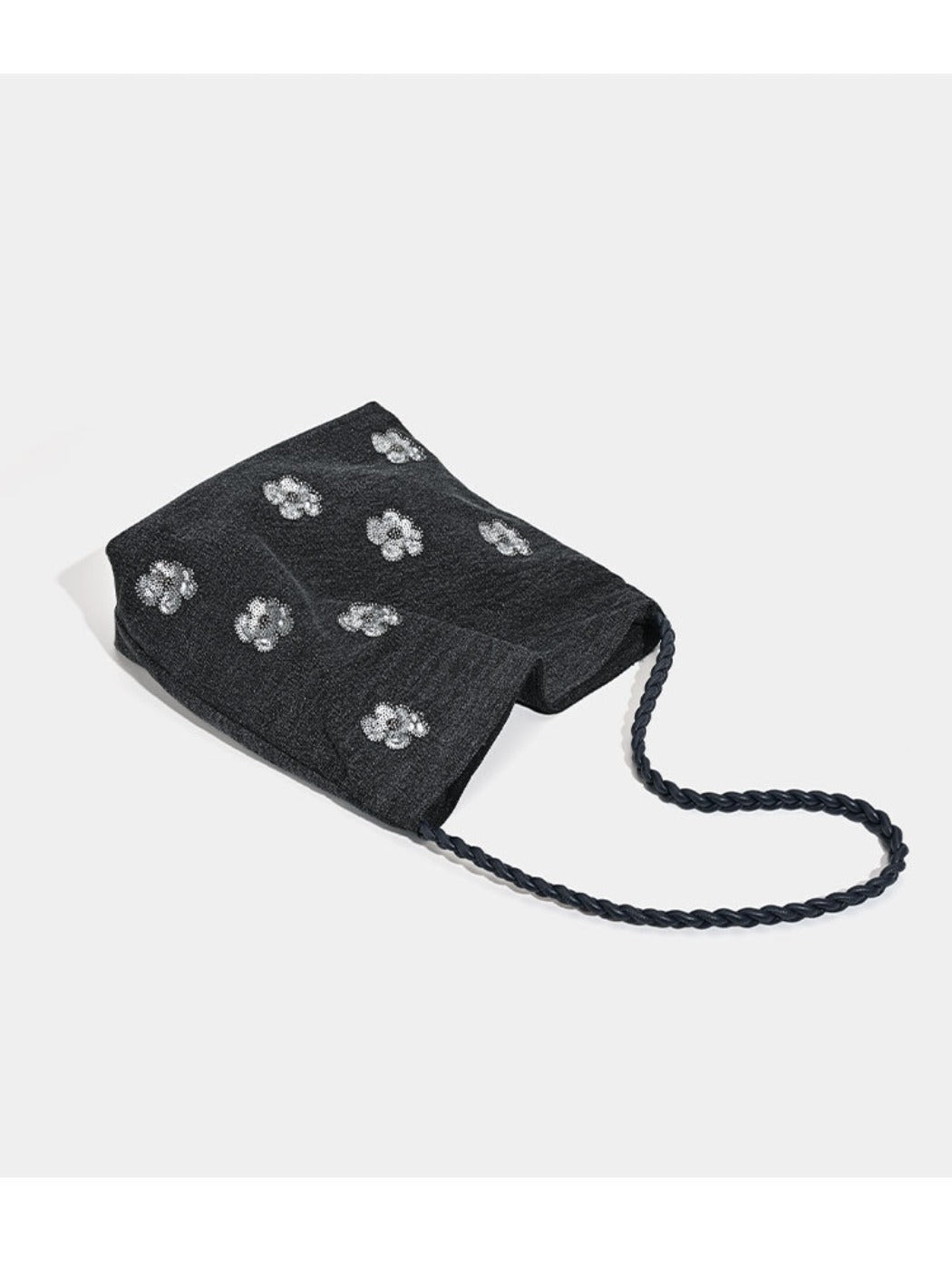 Cosbai - Black Single-shoulder Denim Bag with Sequin Decorations
