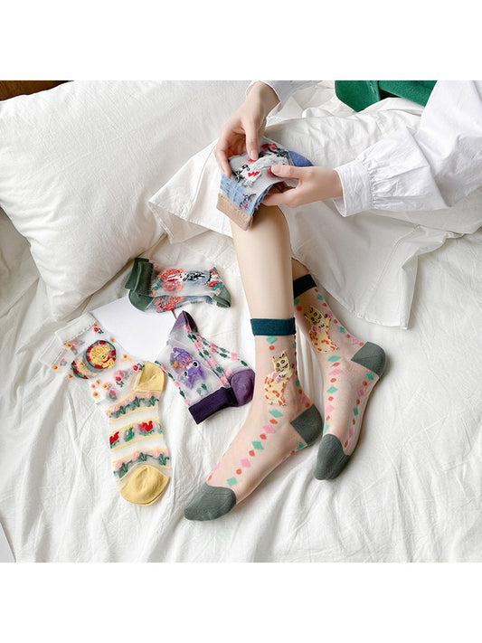 Rufia - Cartoon Pattern Sheer Crew Socks