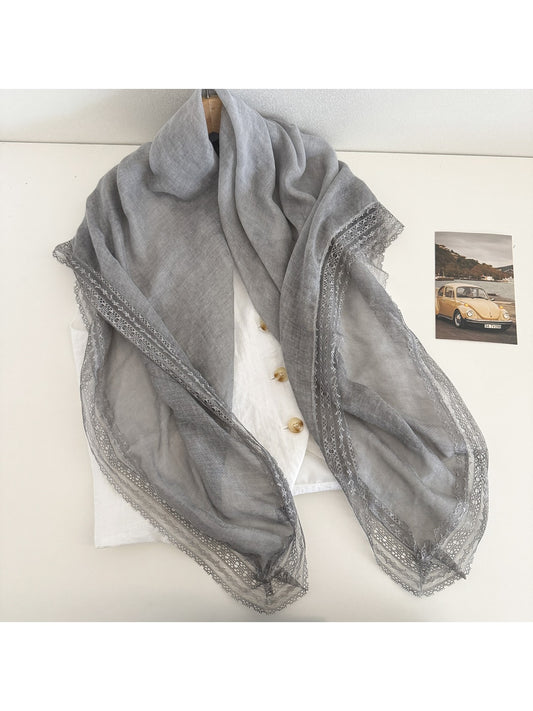 Scarvii - Gray Lightweight Lace Edge Square Scarf