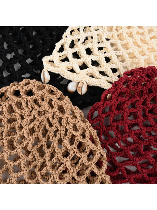 Haila - Openwork Solid Color Round Crown Knit Hat
