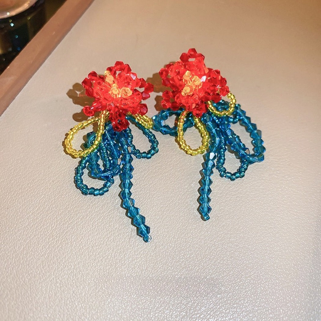 Earwish - Vintage Beaded Flower Fringe Earrings in Red & Blue