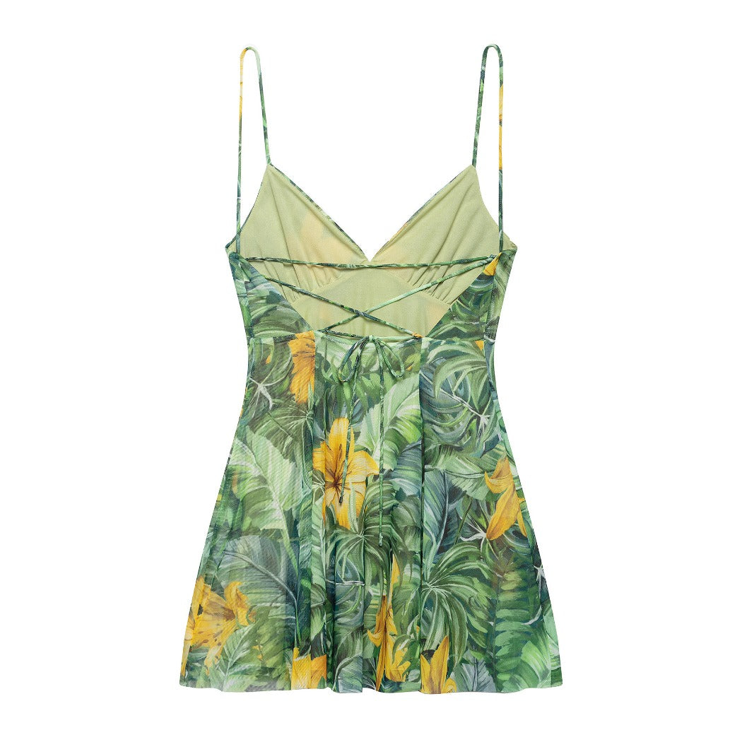 Troposa - Backless Mini Dress - Floral & Leopard & Leaf