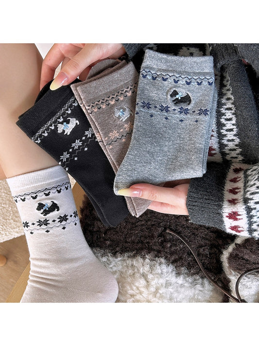 Rufia - Winter Mid-Calf Socks with Puppy & Floral Pattern