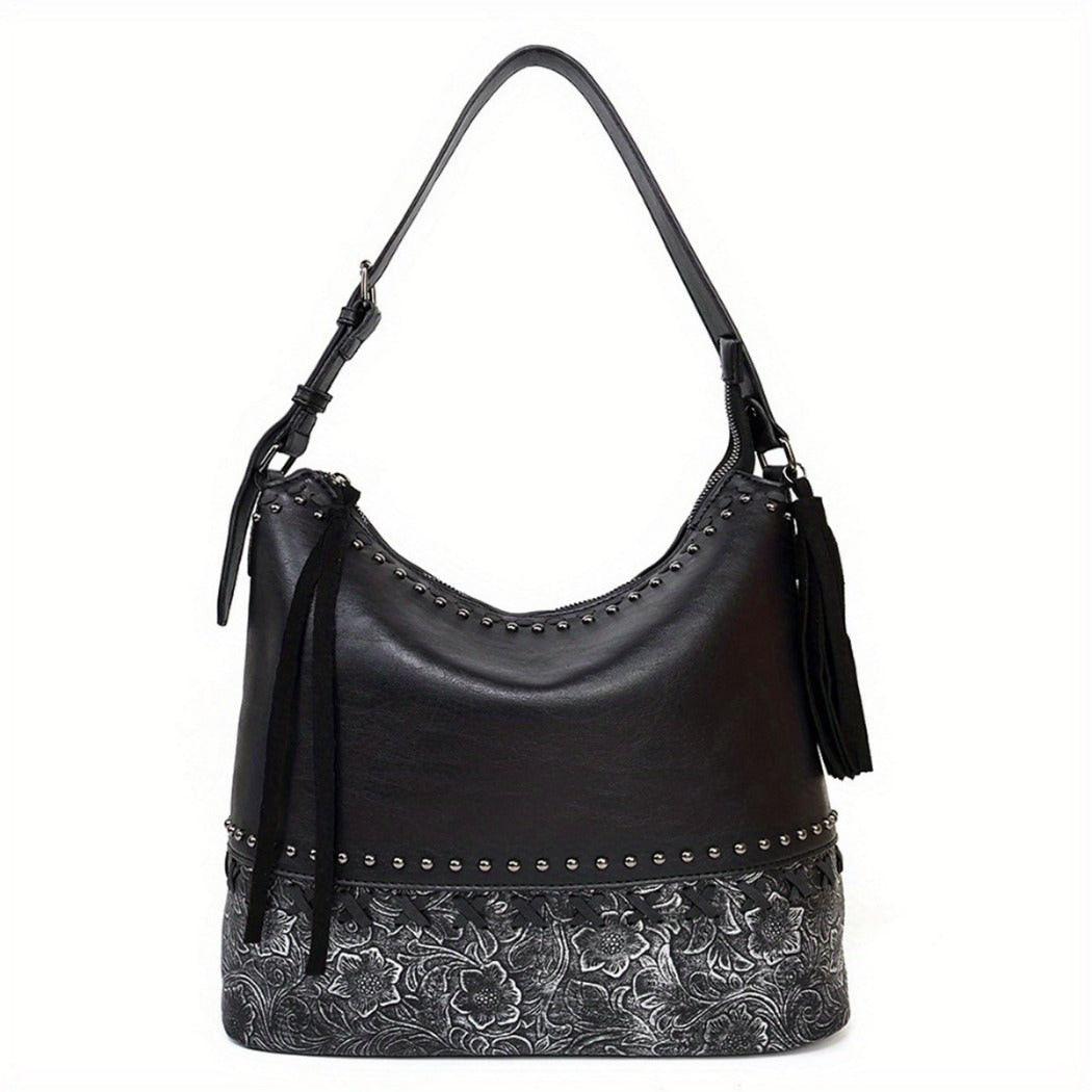 Cosbai - Vintage Floral Beaded Handbag with Tassels & Zipper