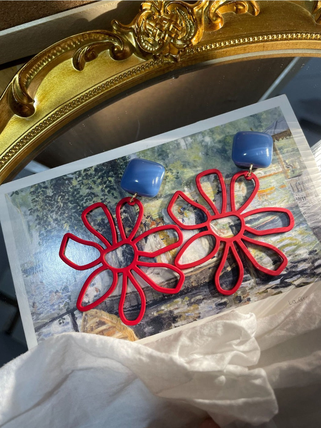 Earwish - Vintage Red Blue Floral Earrings