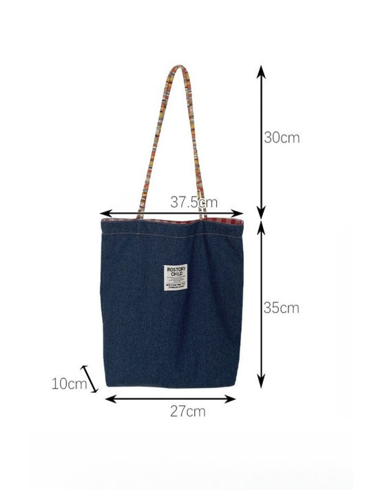 Cosbai – Vintage Denim & Plaid Reversible Tote Bag
