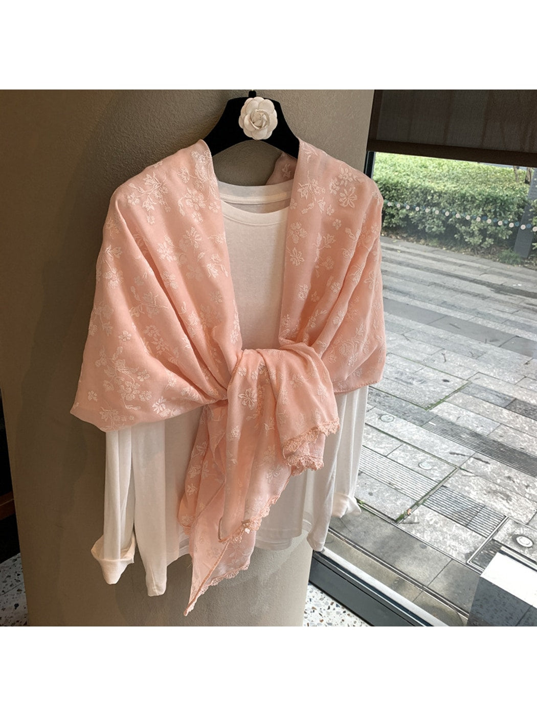 Scarvii - Floral Embroidered Lace Trim Shawl Scarf