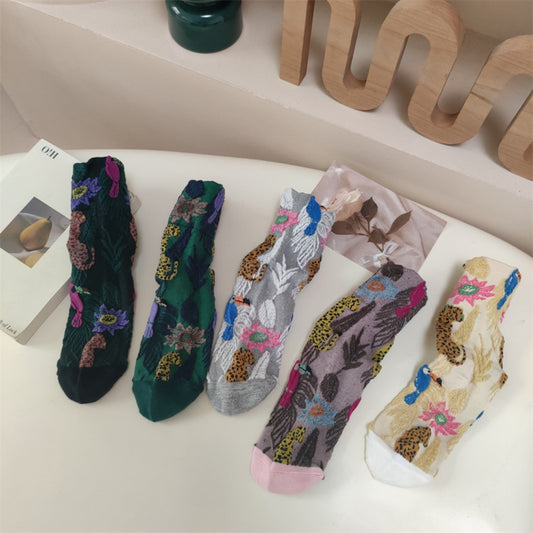 Rufia - Elegant Vintage Floral Pattern Crew Socks