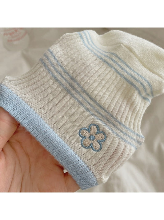 Rufia - Flower Embroidery Striped Low Ankle Socks