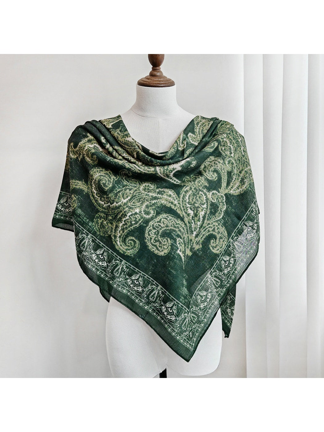 Scarvii - Green Paisley Floral Border Print Square Scarf
