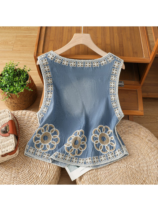 Crosa - Blue Floral Button Front V-Neck Vest Top