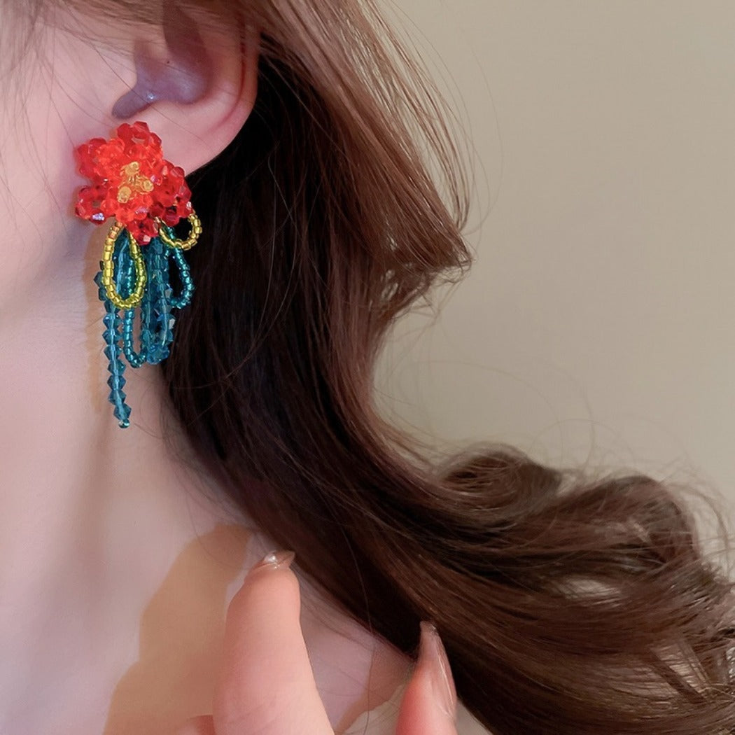 Earwish - Vintage Beaded Flower Fringe Earrings in Red & Blue