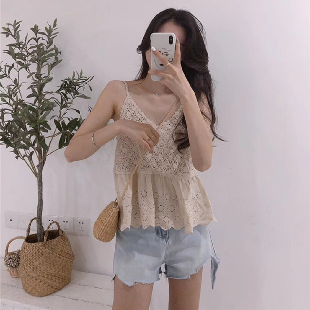Vesty - Lace-Knit V-Neck Cami Top - White & Beige