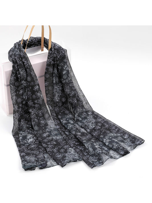 Scarvii - Black White Floral Print Scarf