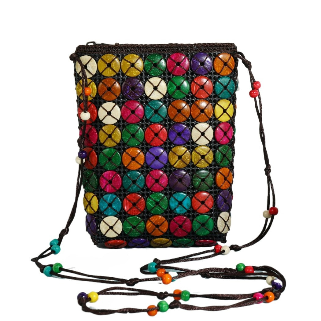 Cosbai - Boho Beaded Square Crossbody Bag With Zipper