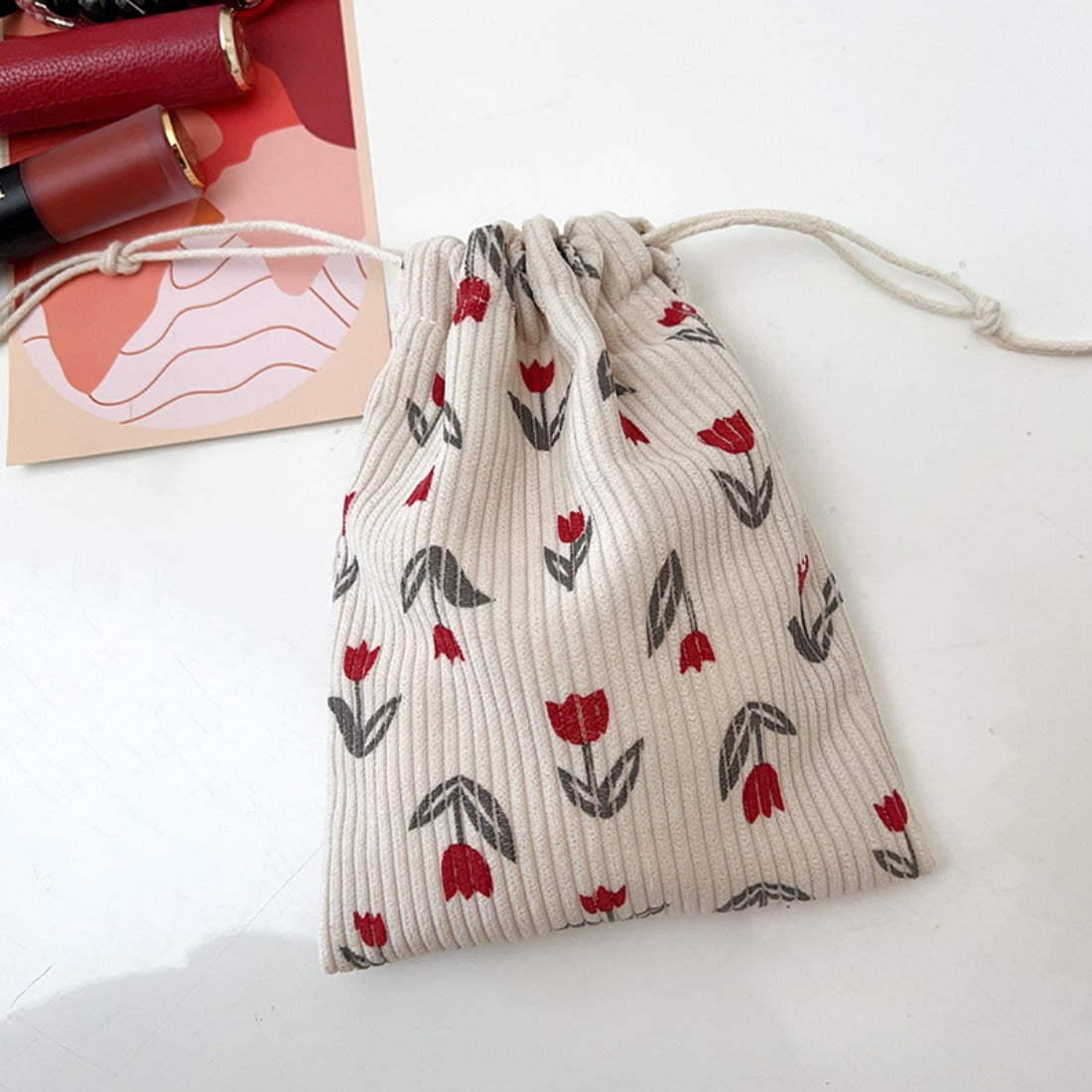 Cosbai - Floral Corduroy Drawstring Pouch