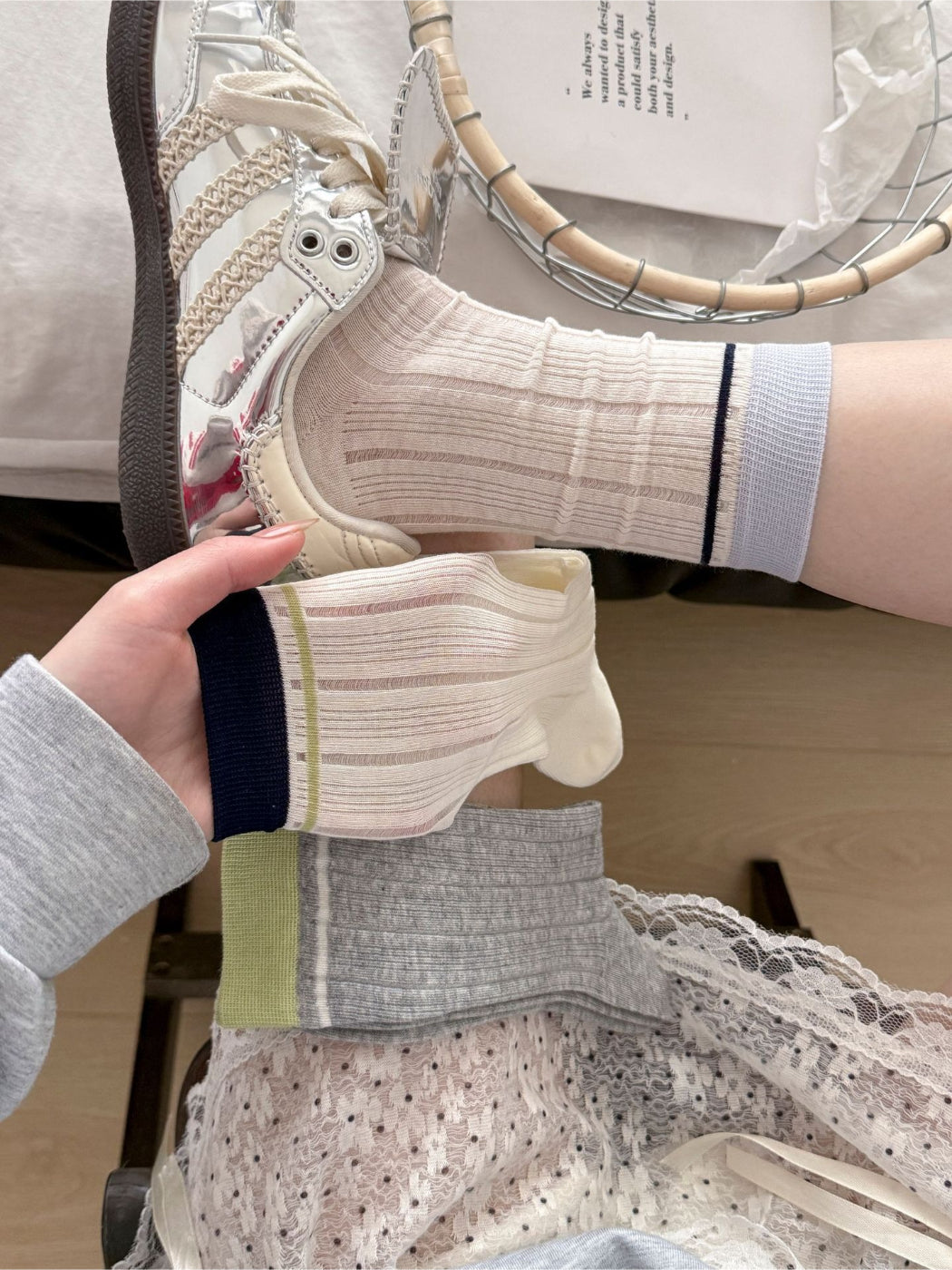 Packaging of Rufia contrast stripe ribbed crew socks with brand label visible