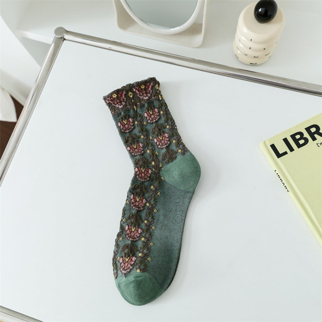 Rufia - Embossed Vintage Floral Mid-Calf Socks