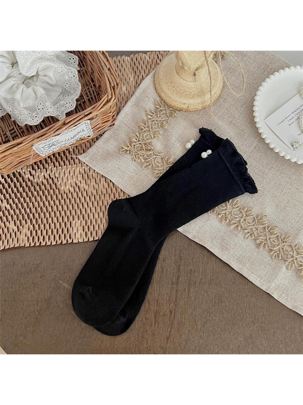 Rufia - Beaded Decorate Solid Color Crew Socks