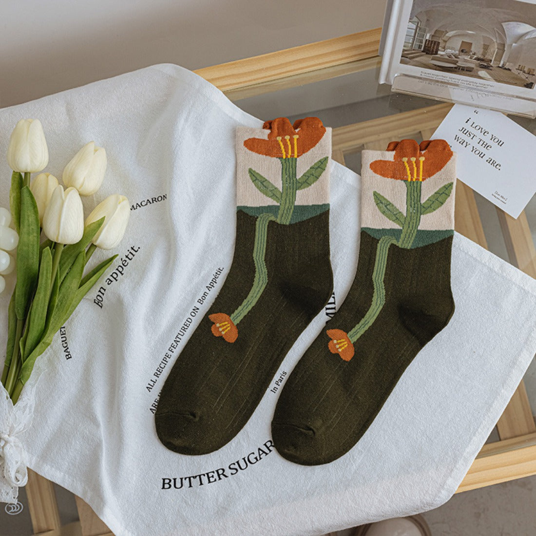 Rufia - Floral Lace Trim Mid-Calf Socks