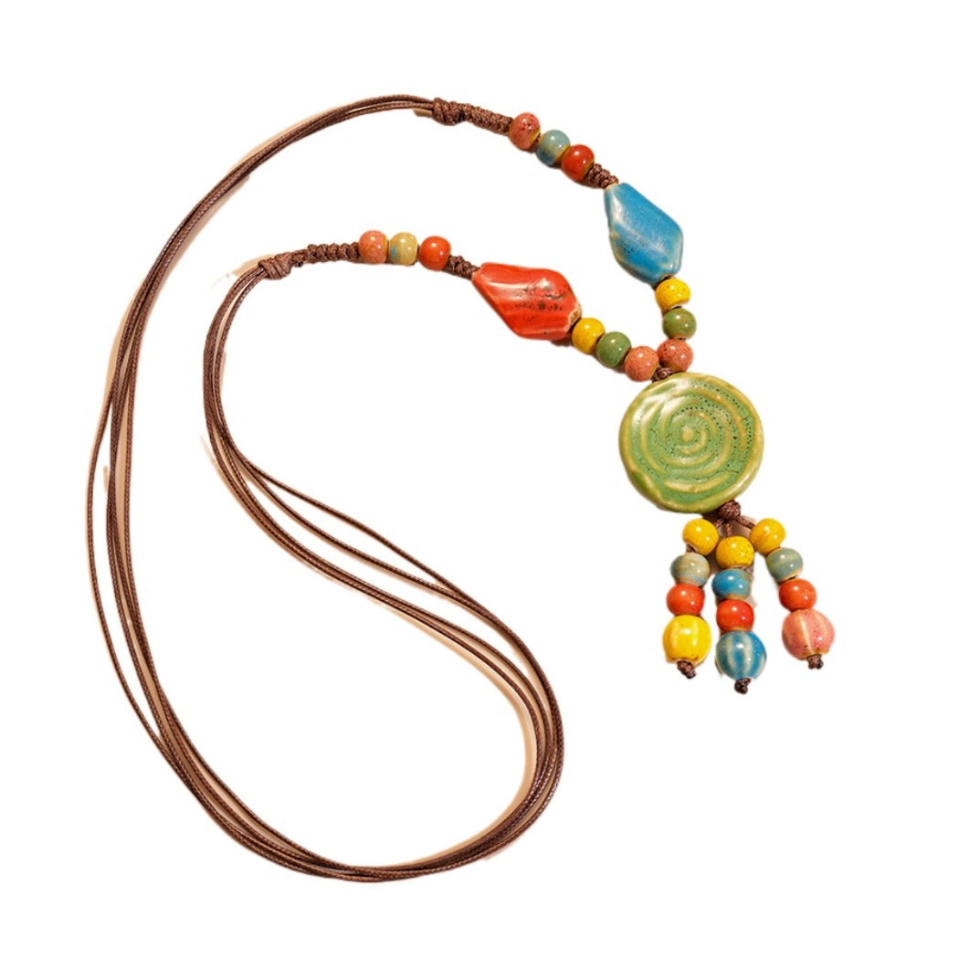 Bauai - Boho Ceramic Bead Fringe Long Necklace - Vintage & Unique