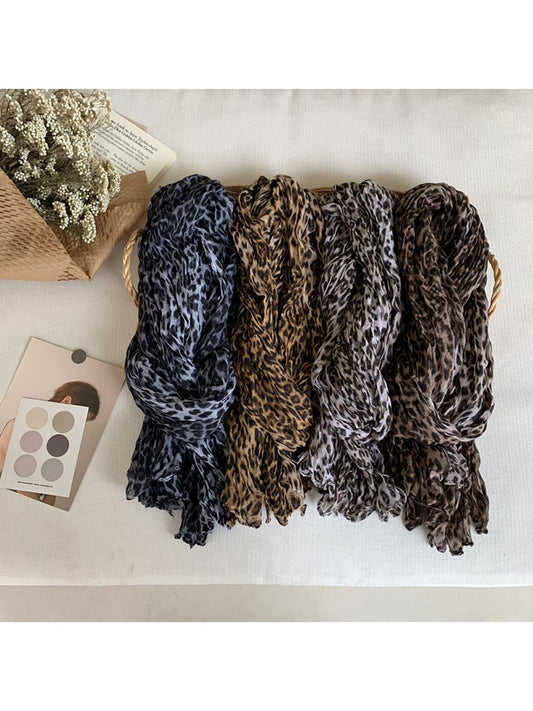 Scarvii - Crinkle Textured Scarf Shawl with Leopard Print